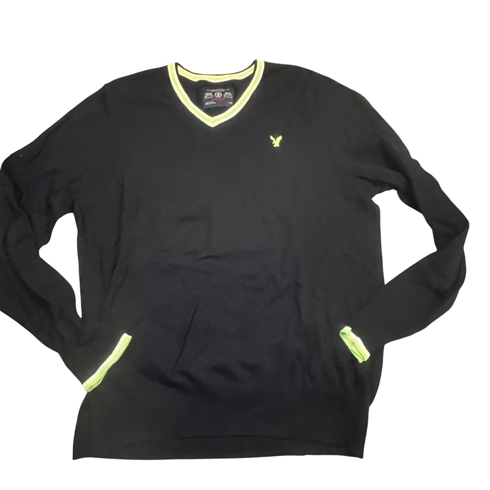 American Eagle Mens Athletic Fit V-Neck Sweater Navy Blue Neon Green Large